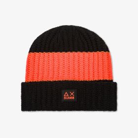 Black/orange fluo ribbed wool blend beanie