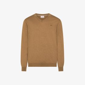 Maglia in cotone e lana con scollo a V cammello