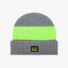 Medium grey/yellow fluo ribbed wool blend beanie