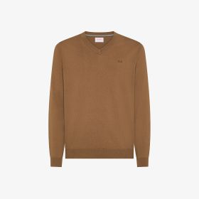 Desert brown wool and cotton v-neck jumper