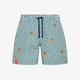 Shorts mare in nylon con ricami verde scuro/bianco