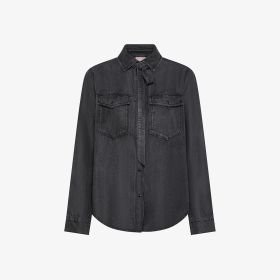 Stone beige denim shirt with scarf collar