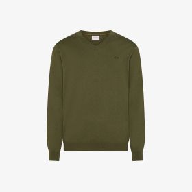 Maglia in cotone e lana con scollo a V verde militare scuro