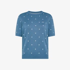 T-shirt in maglia di cotone a pois blu avio/bianco panna