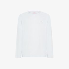 White crew-neck t-shirt with long sleeves