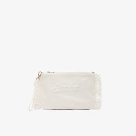 Pochette in tela di cotone con frange bianco panna