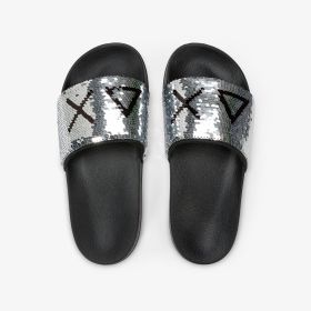 Silver/black PU slides with sequins