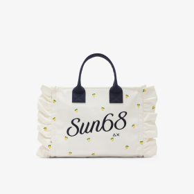 Shopping bag Cali in tela di cotone con ricami bianco panna/blu navy