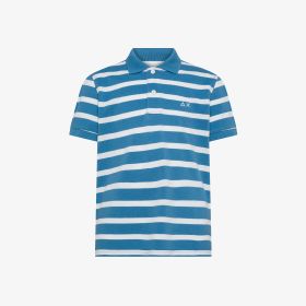 Polo in piquet di cotone a righe blu avio/bianco panna