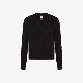 Maglia in lana a trecce con scollo a V nero