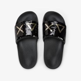 Black/gold PU slides with sequins