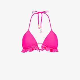 Bikini mare in nylon con rouches fucsia