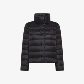 Black quilted nylon puffer jacket with high collar