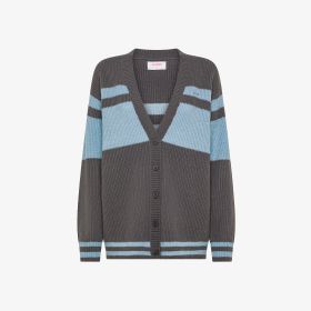 Cardigan in lana e alpaca a coste grigio scuro/azzurro chiaro bice