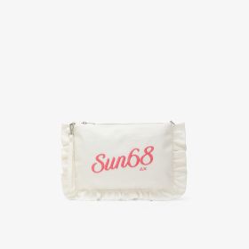 Off white ruffled cotton canvas clutch