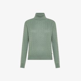 Sage green cable-knit wool turtleneck jumper