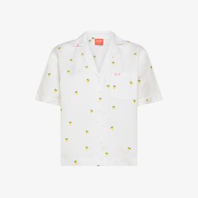 Off white/lemon yellow embroidered cotton blend shirt