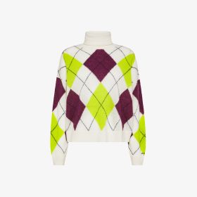 Maglia dolcevita in lana con rombi bianco panna