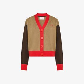 Cardigan color block in lana e cashmere cammello