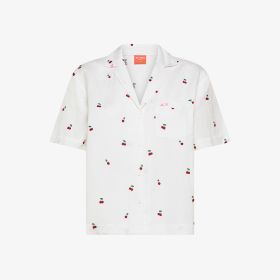 Off white/fuchsia embroidered cotton blend shirt