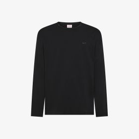 Black crew-neck t-shirt with long sleeves