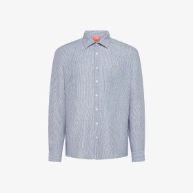 Navy blue/white striped linen and cotton shirt