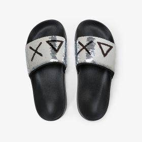 Ciabatte in PU con paillettes argento/nero