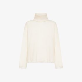Off white wool turtleneck jumper with fringes