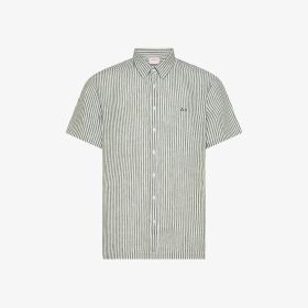 Camicia in lino a righe verde scuro/bianco