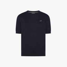 Navy blue wool and cotton crew-neck T-shirt