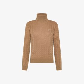 Maglione dolcevita in lana e cashmere a trecce marrone deserto