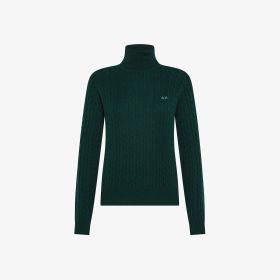 Maglione dolcevita in lana e cashmere a trecce verde inglese