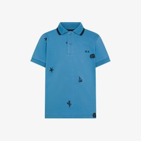 Polo in piquet di cotone con ricami blu avio