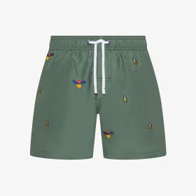 Shorts mare in nylon con ricami verde militare