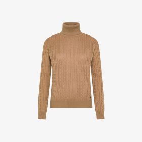 Camel cable-knit wool turtleneck jumper