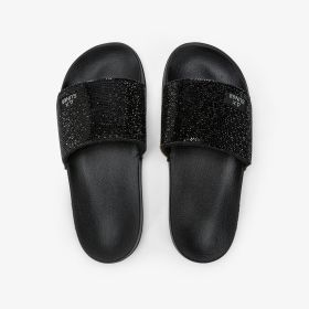 Black PU slides with rhinestones