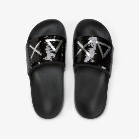 Black/silver PU slides with sequins