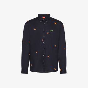 Navy blue/orange embroidered linen and cotton shirt