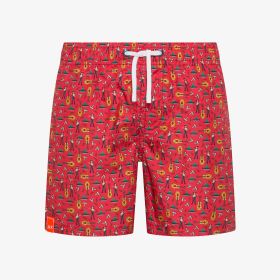 Red printed nylon beach shorts