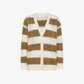 Cardigan in lana e alpaca a righe marrone deserto/bianco panna