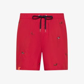Red striped beach shorts with embroidery