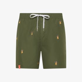 Military green striped beach shorts with embroidery