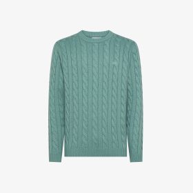 Maglia girocollo in misto lana a trecce azzurro cenere