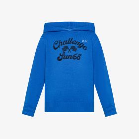 Blue wool and cotton hooded jumper