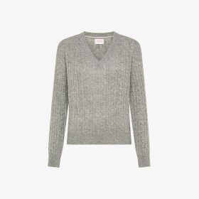 Light grey cable-knit wool V-neck jumper