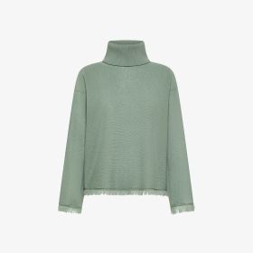 Sage green wool turtleneck jumper with fringes