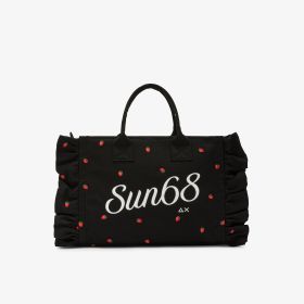 Shopping bag Cali in tela di cotone con ricami nero/bianco panna