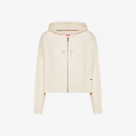 Maglia in lana a trecce con cappuccio bianco panna