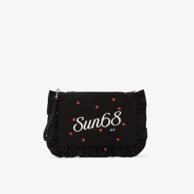 Pochette in tela di cotone con ricami nero/bianco panna