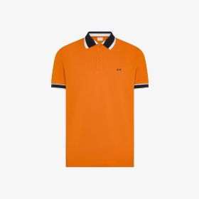 Rust red cotton polo with contrast stripes